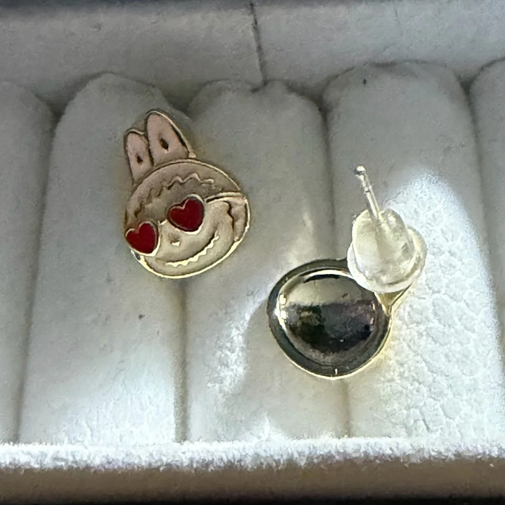 14K Gold Labubu Pink w Heart Sunnies Theme Enamel Stud Earrings Kawaii Boutique - Picture 3 of 7